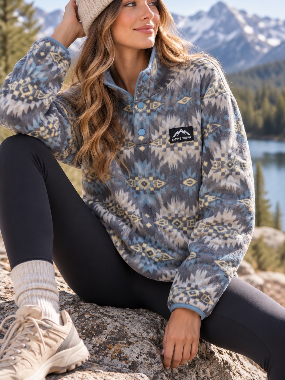 Massive Outdoor Aztec Fleece Pullover Snap Mock Neck Gray Blue Women’s Small